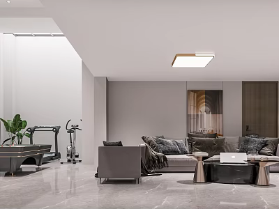 Modern Basement Interior With Living Area Gym Equipment And Pool Table 3d model