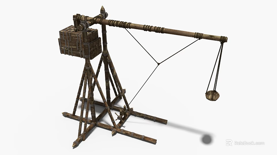 Medieval Wooden Catapult Weapon With Long Arm Frame And Stone Sling For Ancient Siege Warfare 3d model 