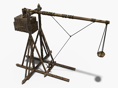 Medieval Wooden Catapult Weapon With Long Arm Frame And Stone Sling For Ancient Siege Warfare 3d model