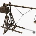 Medieval Wooden Catapult Weapon With Long Arm Frame And Stone Sling For Ancient Siege Warfare