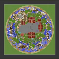 Red Roofed Castle Building Model On Circular Base With Water Area Green Trees And Decorative Statues