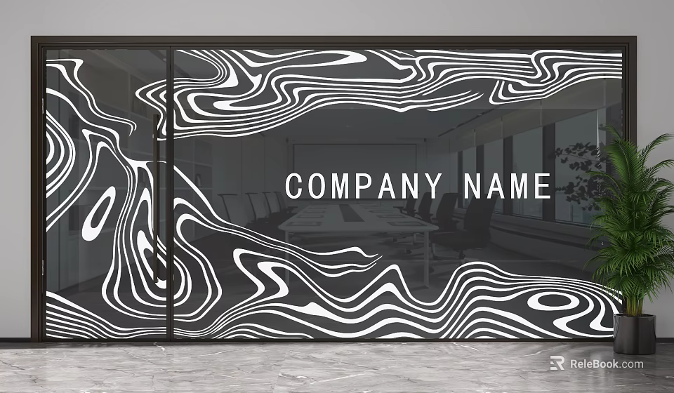 Glass Partition With Black And White Wavy Patterns For Office Meeting Room Interior 3d model 