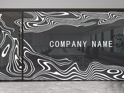 Glass Partition With Black And White Wavy Patterns For Office Meeting Room Interior 3d model