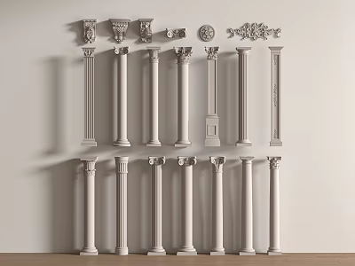 White Columns With Various Designs And Decorative Capitals Arranged On Wall And Floor 3d model