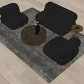 Black Leather Sofa and Coffee Table Set with Round Table Side Table on Gray Rug Light Floor 3d model