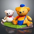Two Adorable Teddy Bear Dolls White Red Bow Tie Brown Blue Hat Overalls Green Grass