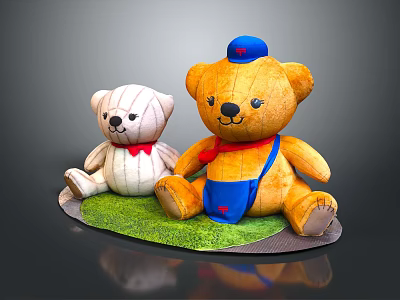 Two Adorable Teddy Bear Dolls White Red Bow Tie Brown Blue Hat Overalls Green Grass 3d model