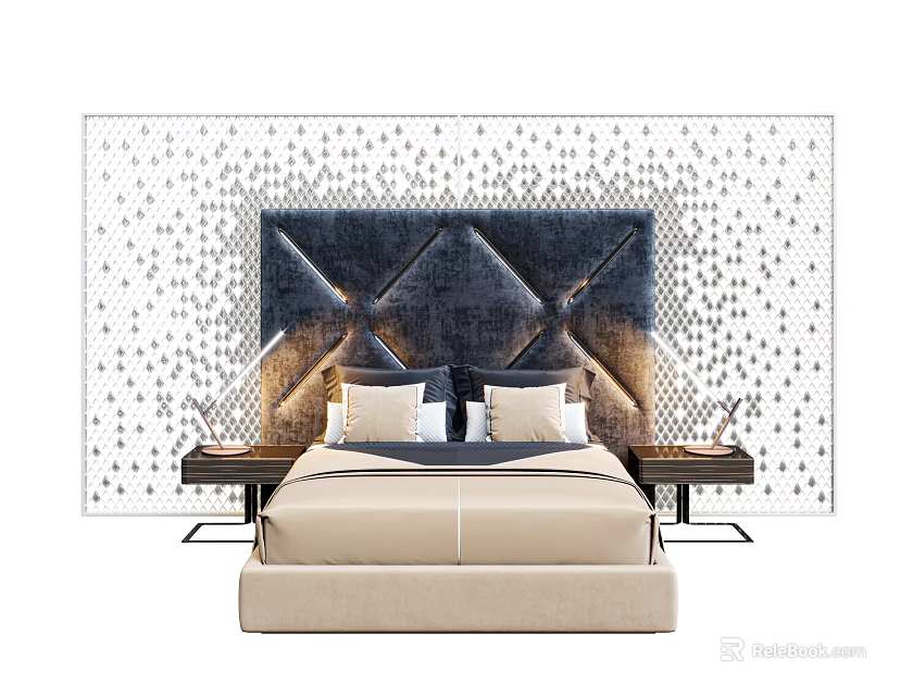 Modern Double Bed With Quilted Navy Headboard Dot Patterned Wall Bedside Tables And Light Bedding 3d model 