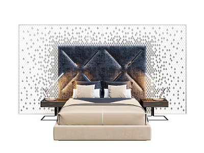 Modern Double Bed With Quilted Navy Headboard Dot Patterned Wall Bedside Tables And Light Bedding 3d model