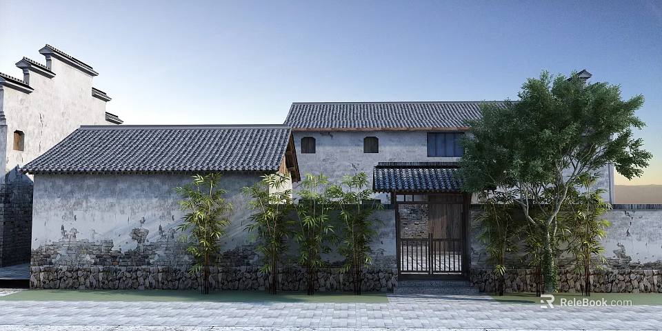 Traditional Chinese Gate Facade With Gray Brick Wall Tiled Roof And Bamboo Plants 3d model 