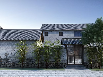 Traditional Chinese Gate Facade With Gray Brick Wall Tiled Roof And Bamboo Plants 3d model