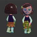 Cute Cartoon Girl With Brown Hair Red Hairband Holding Green Frog In Red Plaid Skirt