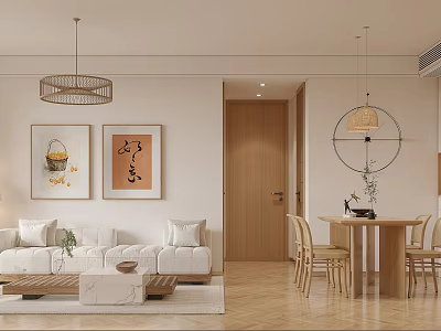 Elegant Modern Living and Dining Room Interior With Beige Sofa Wooden Table and Wall Paintings 3d model