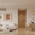 Elegant Modern Living and Dining Room Interior With Beige Sofa Wooden Table and Wall Paintings