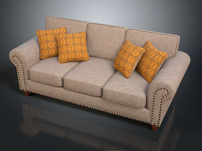 Beige Three Seat Sofa with Orange Geometric Pattern Cushions Nailhead Trim and Wooden Legs 3d model