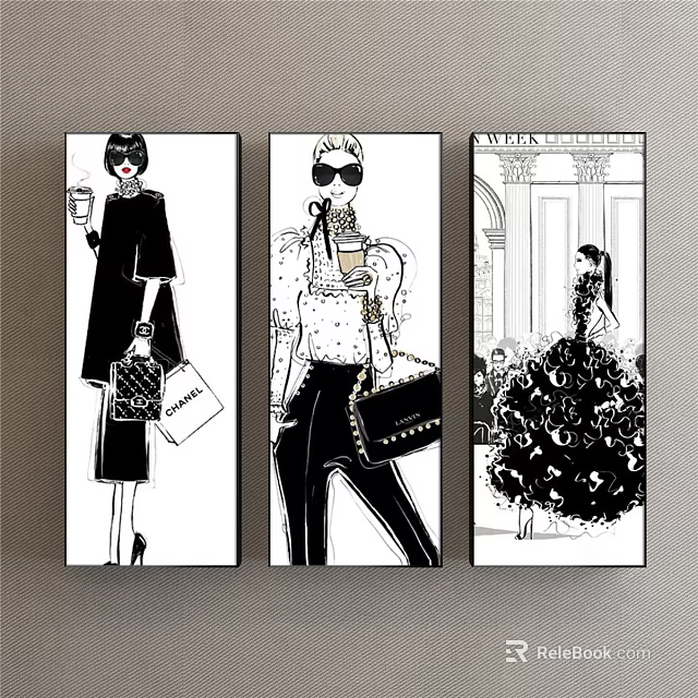 Fashionable Female Figure Illustrations With Stylish Outfits Shopping Bags And Elegant Dresses 3d model 