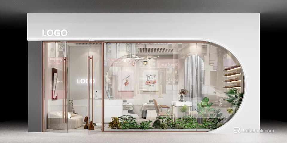 Modern Storefront Design Featuring Glass Door LOGO Display Green Plants And Visible Interior 3d model 
