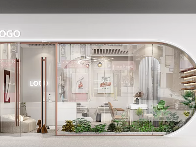 Modern Storefront Design Featuring Glass Door LOGO Display Green Plants And Visible Interior 3d model