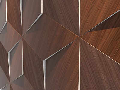 Dark Brown Geometric Wooden Wall Panel With Metal Accent Strips And Natural Wood Grain 3d model