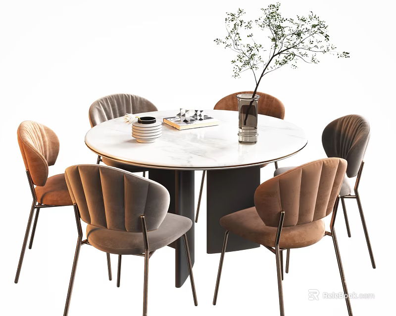 Elegant Modern Round Dining Table Set With Velvet Chairs And Marble Top 3d model