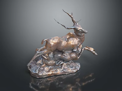 Bronze Deer Sculpture In Leaping Pose With Detailed Base And Metallic Finish 3d model