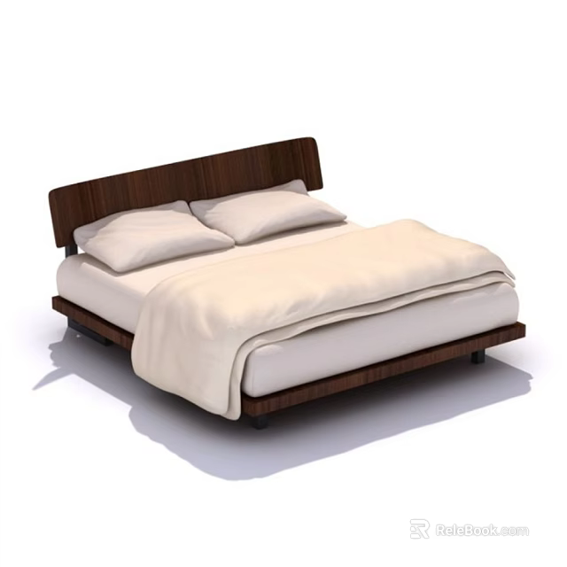 Double Bed with Dark Wooden Headboard Light Colored Sheets Two Pillows Modern Minimalist Platform Frame 3d model 