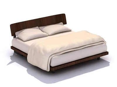Double Bed with Dark Wooden Headboard Light Colored Sheets Two Pillows Modern Minimalist Platform Frame 3d model