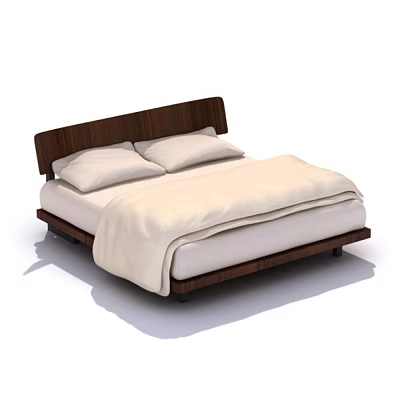 Double Bed with Dark Wooden Headboard Light Colored Sheets Two Pillows Modern Minimalist Platform Frame 3d model