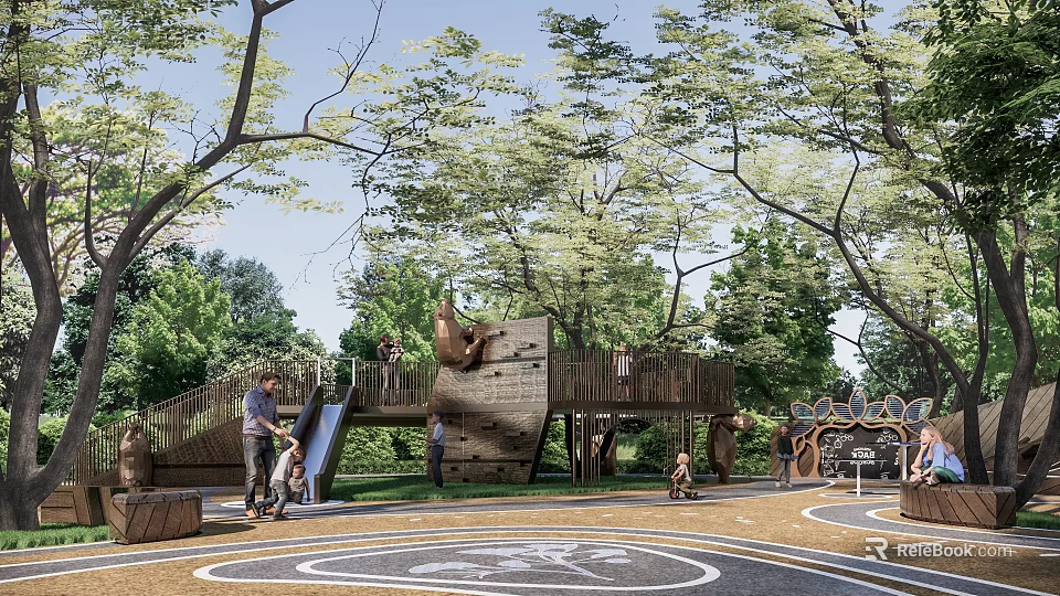 Scenic Park Landscape with Playground Wooden Climbing Slide Children Playing and Green Trees 3d model 