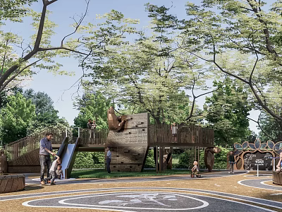 Scenic Park Landscape with Playground Wooden Climbing Slide Children Playing and Green Trees 3d model