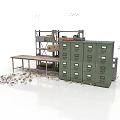 Workshop Storage Setup With Green Filing Cabinets Workbench And Scattered Parts 3d model