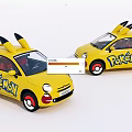 Yellow Pokémon Themed Cars with Pikachu Ears Design and Pokémon Logos on Yellow Body