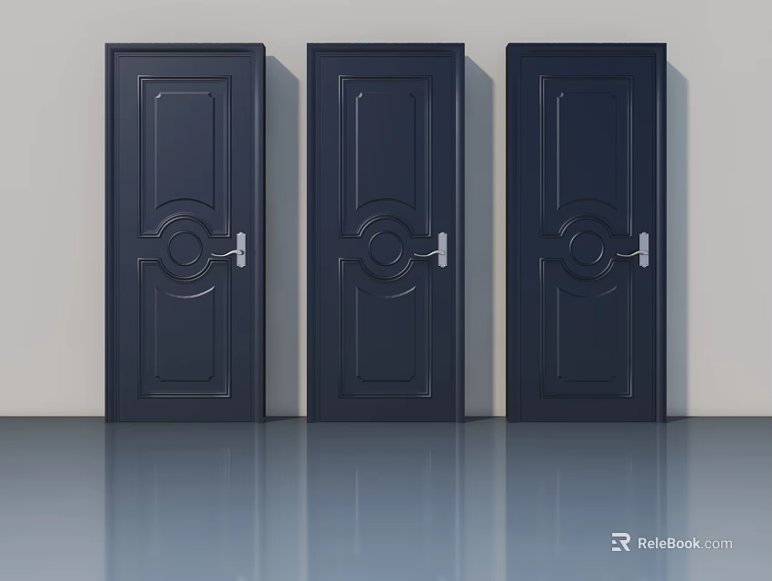 Three Dark Blue Swing Doors With Decorative Patterns And Silver Handles 3d model