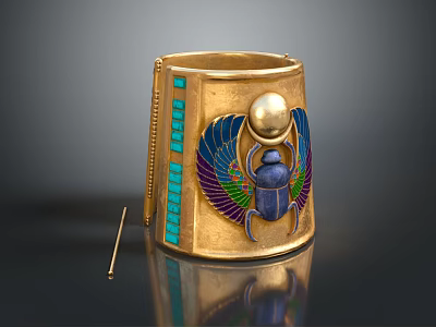 Golden Ancient Egyptian Style Bracelet With Colorful Enamel Scarab And Turquoise Inlays 3d model