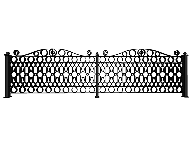 Ornate Wrought Iron Entry Gate With Double Panel Circular Patterns And Decorative Pillars 3d model
