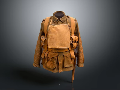 Vintage Military Jacket With Brown Color Multiple Pockets And Straps 3d model