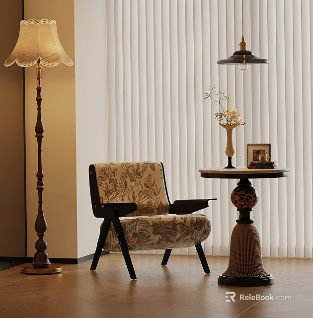 Floral Fabric Accent Chair with Black Legs by Round Table Vase and Floor Lamp 3d model 