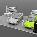 Modern Car Exhibition Stand Display With Gray And Green Vehicles Screens And Furniture