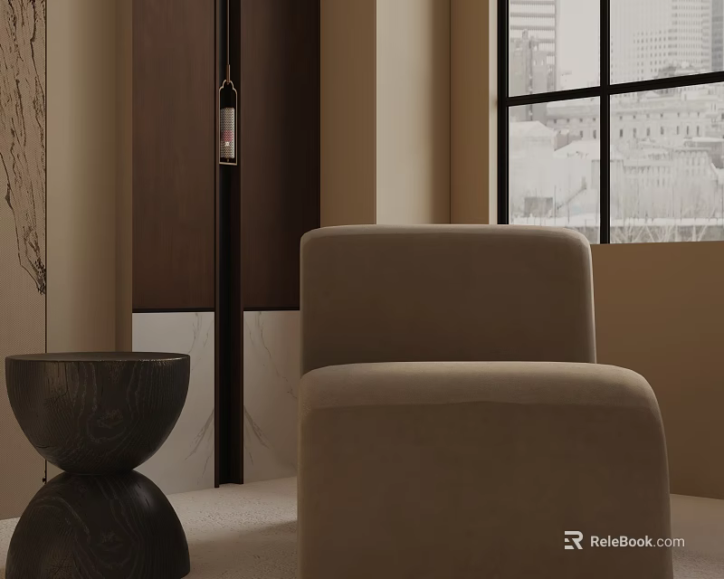 Beige Velvet Accent Chair With Black Round Side Table Near Window For Modern Living Space 3d model 