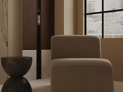 Beige Velvet Accent Chair With Black Round Side Table Near Window For Modern Living Space 3d model