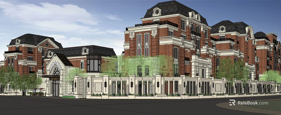 Symmetric Red Brick Villa Exterior Design With Dark Roof White Trim And Green Plants 3d model 