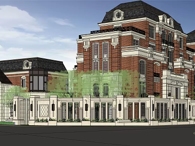 Symmetric Red Brick Villa Exterior Design With Dark Roof White Trim And Green Plants 3d model