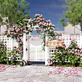 Beautiful Garden Entrance Gate Adorned With Pink Flowers Vines And White Picket Fence