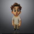 Cartoon Child Brown Curly Hair Big Eyes White T-shirt Khaki Pants Black Shoes Gray Background