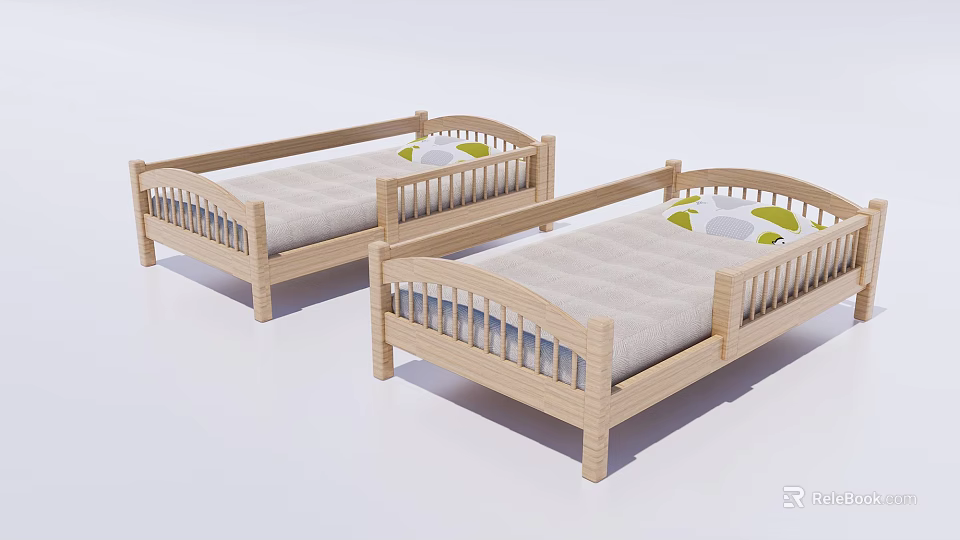 Two Wooden Children's Beds With Guardrails Light Colored Mattress And Green White Pillows 3d model 