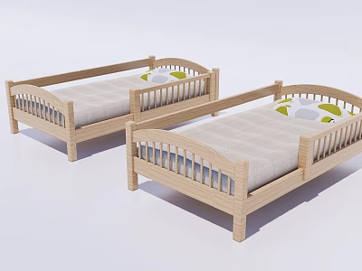 Two Wooden Children's Beds With Guardrails Light Colored Mattress And Green White Pillows 3d model