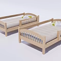 Two Wooden Children's Beds With Guardrails Light Colored Mattress And Green White Pillows