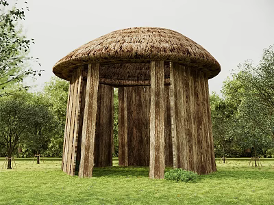 Thatched Roof Round Structure with Wooden Pillars in Natural Grassland Setting 3d model