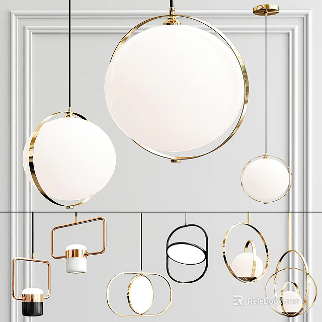 Modern Pendant Lights With Round White Shades And Gold Metal Geometric Frames For Interior Decor 3d model 