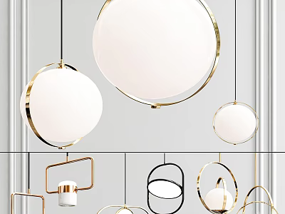 Modern Pendant Lights With Round White Shades And Gold Metal Geometric Frames For Interior Decor 3d model